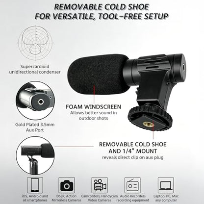 Vlogging Kit for iPhone, Android Vlogging Kit with Tripod, Mini LED Video Light, Cardioid Microphone, Phone Clip, for Video Calling, Vlogging, YouTube, Instagram, TikTok(Includes Lightning Adapter)