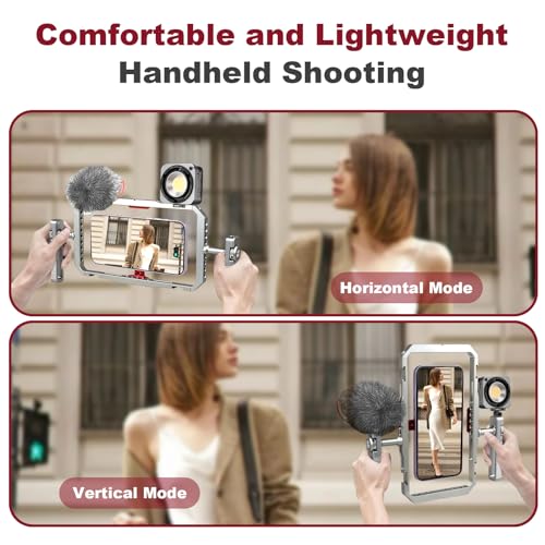 Magnetic Phone Cage with Handle,Smartphone Cage Kit with 360° Rotation Handgrip and Magnetic Sticker for Photography,Compatible with iPhone 17/16/15/14/13 Series and Andriod Phones (Silver+Red) - color: silver