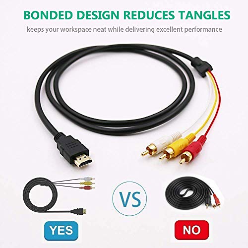 HDMI to RCA Cable, 1080P 5ft/1.5m HDMI Male to 3-RCA Video Audio AV Cable Connector Adapter Transmitter for TV HDTV DVD – Passive HDMI to RCA Connector Cable (no Signal Conversion)