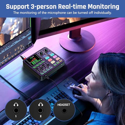 PUPGSIS Gaming Audio Mixer, Audio Interface for PC/Podcast/Streaming, Sound Board with 3.5mm/XLR Mic Input, 48V Phantom Power, Voice Changer, Live Sound Card with DJ Mixer Effects/Bluetooth/4 Channel - color: Black