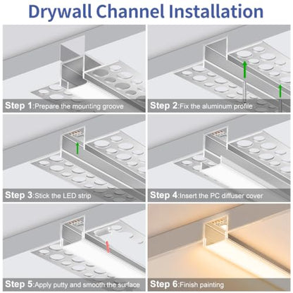 Plaster-in LED Aluminum Channel, 3.3FT/1M 6 Pack Trimless Recessed LED Light Strip Diffuser Channel, Drywall Aluminum LED Profile with Milky Diffuser for Ceiling and Wall - size: Double-Sided-6 Pack