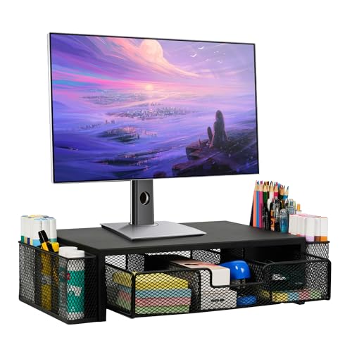 Qupui Computer Monitor Stand Riser with Drawer and Pen Holders, Desk Organizer Shelf and Accessories, Office Desk Accessories, Office Organization, Black - color: Black with Drawer