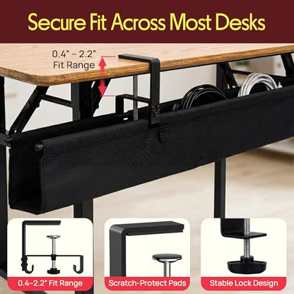 Pyle 36" Under Desk Cable Management Tray, Under Desk Wire Organizer with Clamp or Screw Mount, Desk Cable Organizer with Fabric Design for Large Workstations, Built-in Ties, 20 lb Capacity, Black - size: 36"