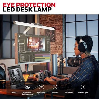 Honeywell LED Desk Lamp with Clamp - HJ1 Sunturalux Eye-Caring Clip on Lights for Home Office, 1200LM Clamp Lamp 4 Color Modes Stepless Dimming Task Desk Light for Working White - style: White Clamp