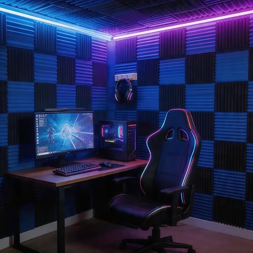 52 Pack Black blue 1" x 12" x 12" Acoustic Wedge Studio Foam Sound Absorption Wall Panels(Accompanied By Double-Sided Adhesive Tape) - color: BLACK blue