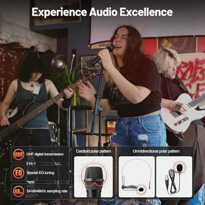 MELONARE 4-Channel Wireless Microphone System,UHF Cordless Mic Set w/ 4x10 Frequencies, 200ft, 2 Handheld Dynamic Mics, 2 Bodypacks & Headset/Lapel Microphones for Singing, Karaoke, DJ (MWM-41-2H2B) - size: 2 Handheld 2 Bodypack Mics