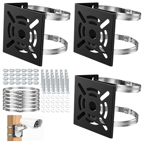 3 Pcs Universal Vertical Pole Mount, Camera Wall Mounting Bracket Set with 6 Loops & Screws, Solid Metal Pole Mount Bracket for CCTV Security Camera, Solar Panel, LED Light Indoor Outdoor