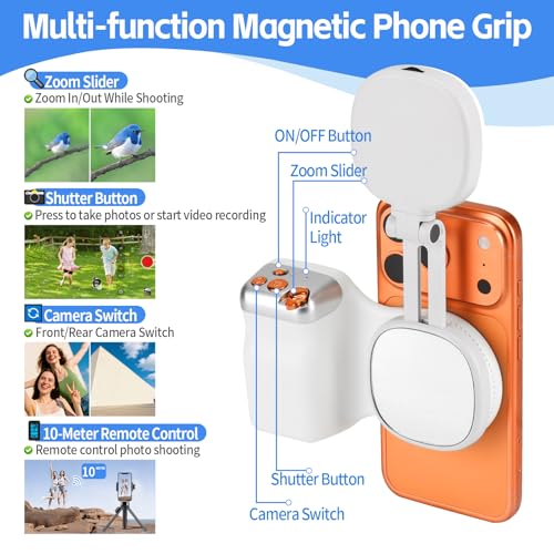 Magnetic Phone Camera Grip, Fun Shot Magnetic Camera Grip & Selfie Light for iPhone & Android with Wireless Shutter Button, Creator Kit for TikTok/Selfies/Photography/Video - size: Phone Camera Grip with Light