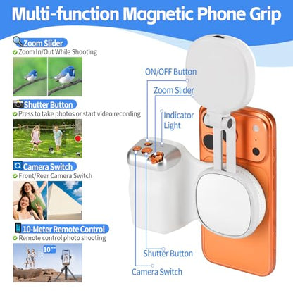 Magnetic Phone Camera Grip, Fun Shot Magnetic Camera Grip & Selfie Light for iPhone & Android with Wireless Shutter Button, Creator Kit for TikTok/Selfies/Photography/Video - size: Phone Camera Grip with Light