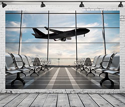 10x6.5ft Polyester Fabric Airport Terminal Backdrop Airplane Departure Lounge Window Photography Background Plane Party Decorations Pilot Birthday Banner Travel Theme Video Photo Shoot Props - size: 10x6.5FT