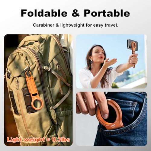 COMAN DP58 Magnetic Phone Tripod, Aluminum MagSafe Tripod Stand with Carabiner, Mini Portable Travel Pocket Stand for iPhone & Non-Magnetic Phones with Included Ring - color: Orange