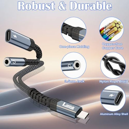 USB C to Headphone Jack Adapter and Charger,2 in 1 USB C to 3.5mm Audio Adapter with PD 60W Fast Charging Dongle Cable Cord for iPhone16/15 Pro Max,Samsung GalaxyS25-S21,Google Pixel8/7,iPad Pro - style: 2 in 1 Adapter and Charger