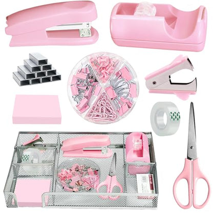 Pink Office Desk Accessories, Pink Office Supplies Set, Desk Drawer Organizer,Stapler and Tape Dispenser Set,Tape,Staple Remover, Staples, Paper Clips, Scissor and Sticky Note - color: Pink