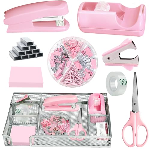Pink Office Desk Accessories, Pink Office Supplies Set, Desk Drawer Organizer,Stapler and Tape Dispenser Set,Tape,Staple Remover, Staples, Paper Clips, Scissor and Sticky Note - color: Pink