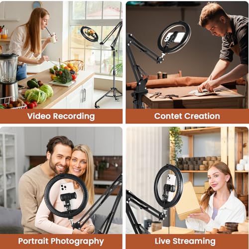 Ring Light Overhead Phone Mount with Casters, Dual-Purpose Floor/Desk Light Tripod for iPhone, Selfie Phone Tripod for Video Recording/Live Streaming/Cooking