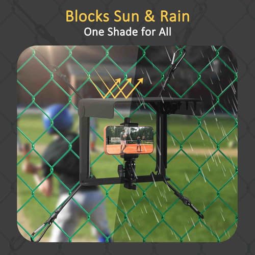 Cell Phone Fence Mount with Shade, Phones Holder Mounting Kit for iPhone, Mevo Start and Other Action Cameras, for Recording Baseball, Hockey, Softball and Tennis Games (Black)