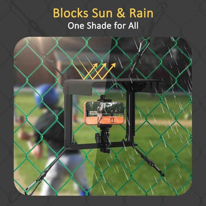 Cell Phone Fence Mount with Shade, Phones Holder Mounting Kit for iPhone, Mevo Start and Other Action Cameras, for Recording Baseball, Hockey, Softball and Tennis Games (Black)