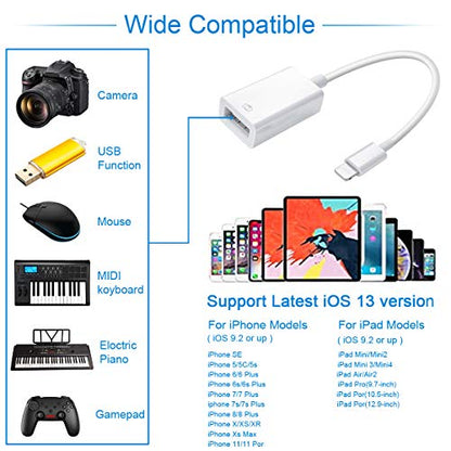 Lightning to USB Camera Adapter Lightning Female OTG Cable Adapter for Select iPhone,iPad Models Support Connect Camera, Card Reader, USB Flash Drive, MIDI Keyboard, White - color: USB
