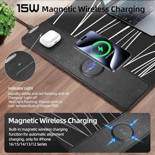 Mouse Pad with Wireless Charging, Gaming Mouse Pad with Ultra-Smooth Surface, Large XXL Desk Mat, Non-Slip Mouse Mat, Waterproof Computer Keyboard Pad for Desk, Office, 800x400x4MM, Black and Line - color: Black and Line - 31.5"x15.7"