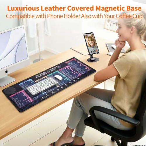 Magnetic Wireless Charging,Excel Cheat Sheet Mouse Pad with Phone Stand Extended Excel Shortcuts Desk Pad, Waterproof Ultra-Smooth Keyboard Mat, Non-Slip Base (Not Included Adapter 9V 2A)