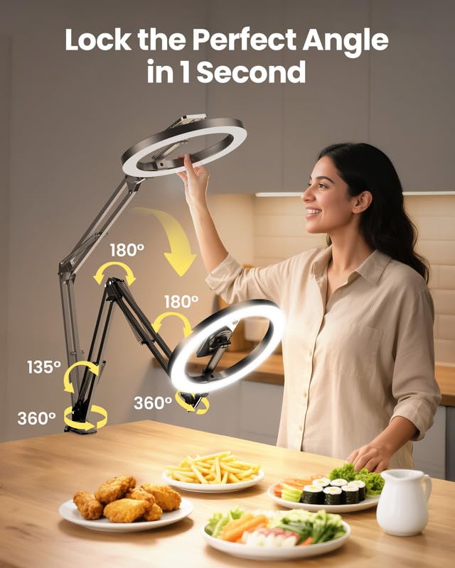Magnetic Overhead Ring Light for Desk, 10” Selfie Light with Stand Tripod for iPhone, Adjustable Overhead Phone Mount with MagSafe-Compatible Holder for Recording, Vlogging, Crafts, TikTok, YouTube - size: 36" tall - Magnetic Phone Holder