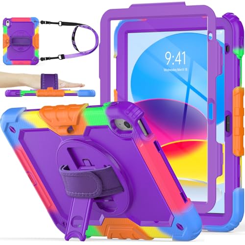 SEYMAC stock Case for iPad (A16) 11th/10th Generation 11''/10.9'' 2025/2022, Full-Body Drop Protection Case with Screen Protector &360° Rotate Hand Strap/Stand, Purple+Colorful - color: Purple+Colorful, size: Case for iPad (A16) 11th/10th Generation 11/10