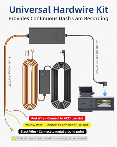 Dash Cam Hardwire Kit USB C – Acc Power Cable with 24H Parking Mode & Low Voltage Protection, Compatible with Redtiger, Wolfbox, Vanture, Viofo, TERUNSOUL and Most Dash Cameras, 4 Fuse Tap Sets