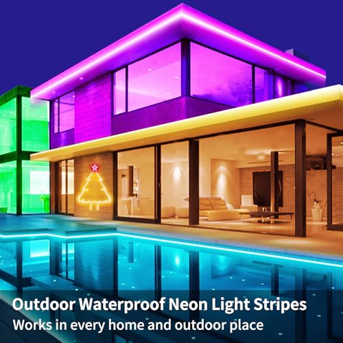 32.8ft LED Neon Lights with Remote and APP Control, IP65 Waterproof Flexible Neon Strip Lights 24V RGB LED Rope Lights for Bedroom,Living Room,DIY Decoration（with Snap &Screws） - size: 32.8FT