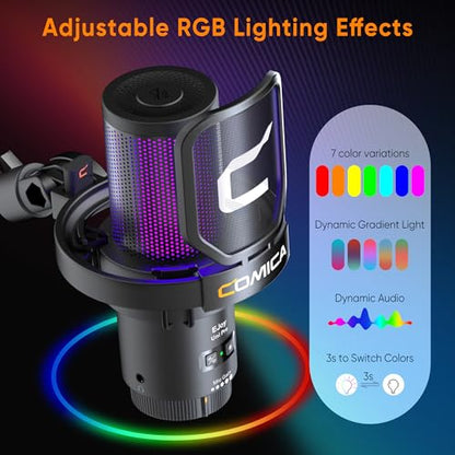COMICA EJoy Uni Pro Wireless USB Condenser Gaming Microphone for PC, PS4, PS5, USB C Phone and Mac, Boom Arm RGB Computer Mic for Twitch, Streaming, Podcasting, Noise Cancellation Mic with Mute, Gain - color: Black