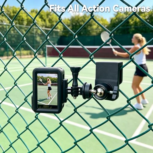 360° Adjustable Dual-Use Phone Holder,Tennis Net & Chain Fence Camera Mount | 360° angle adjustment | Fits phones & action cameras | Dual-use tennis net & chain-link | Standard 1/4"-20 screw interface
