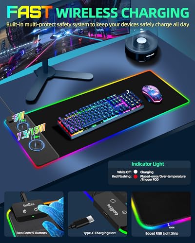 ExtreLife Wireless Charging Mouse Pad, RGB Gaming Mousepad, 31.5"x11.8" Extra Large Desk Mat, 13 Light Modes, Ultra-Smooth Surface, Non-Slip Base, Waterproof Computer Keyboard Pad for Laptop, Black - color: Black-31.5"x11.8"