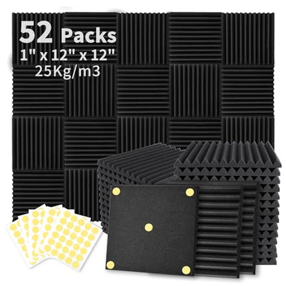 Focusound 52 Pack Acoustic Foam Panels 1" x 12" x 12" Sound Proof Foam Panles Soundproofing Noise Cancelling Wedge Panels for Home Office Recoding Studio with 300PCS Double-Side Adhesive - size: 52 Pack