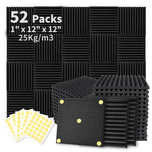 Focusound 52 Pack Acoustic Foam Panels 1" x 12" x 12" Sound Proof Foam Panles Soundproofing Noise Cancelling Wedge Panels for Home Office Recoding Studio with 300PCS Double-Side Adhesive - size: 52 Pack