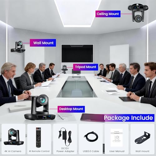 4K UHD PTZ Camera AI-Auto Tracking, 20X Optical Zoom, USB3.0/HDMI/LAN PoE, IP Live Streaming, PTZ Conference Room Camera for Church Services Education Conference Events, Work with YouTube OBS - color: Black