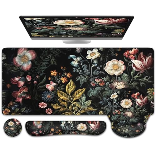 iCasso Desk Cover Mat, 4in1 Floral Large Mouse Pad with Wrist Rest, Desk Matt for Desktop, Anti-Slip XXL Big Computer Ergonomic Mousepad with Wrist Support for Keyboard and Mouse (Elegant Flowers) - color: Elegant-Flowers