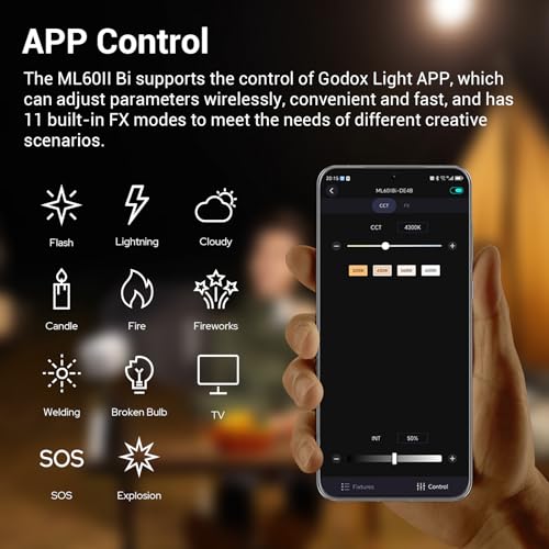 Godox ML60IIBi 70W Bi-Color COB LED Video Light,2800K-6500K CRI 96+/TLCI 97+,Built-in 11 Lighting Effects,App Control Photography Lighting - color: ML60IIbi