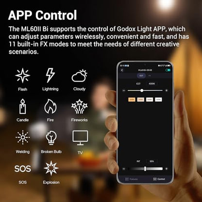 Godox ML60IIBi 70W Bi-Color COB LED Video Light,2800K-6500K CRI 96+/TLCI 97+,Built-in 11 Lighting Effects,App Control Photography Lighting - color: ML60IIbi
