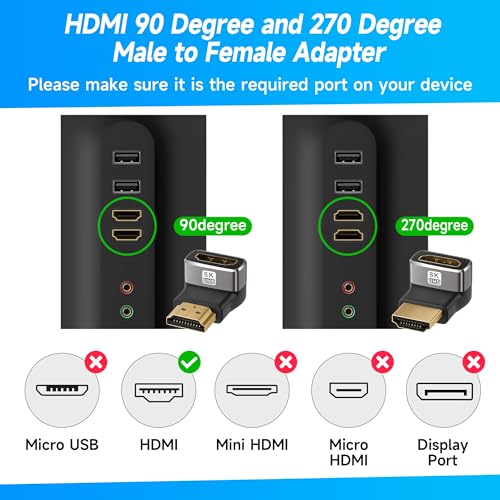 8K 90 Degree HDMI 2.1 Adapter 2 Pack, (Up and Down) Right Angle HDMI Male to Female HDMI L-Shaped Connector Extender Support 8K@60Hz,4K@120Hz for Google Chrome Cast, Roku Stick, Wall TV, Laptop and PC - color: (Up & Down) 90 Degree HDMI Male to Female, si