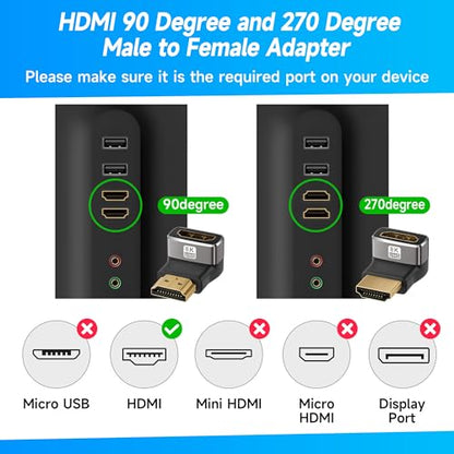 8K 90 Degree HDMI 2.1 Adapter 2 Pack, (Up and Down) Right Angle HDMI Male to Female HDMI L-Shaped Connector Extender Support 8K@60Hz,4K@120Hz for Google Chrome Cast, Roku Stick, Wall TV, Laptop and PC - color: (Up & Down) 90 Degree HDMI Male to Female, si