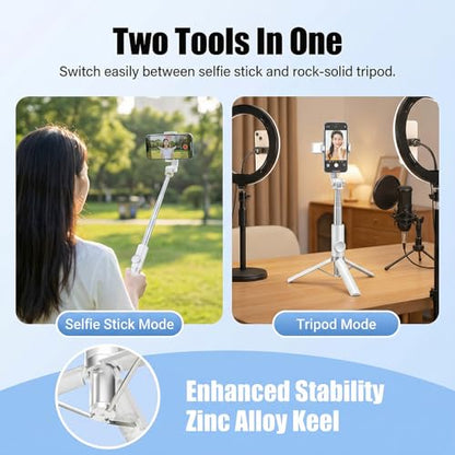 Selfie Stick Tripod Portable Extendable Cell Phone Stand with Detachable Mini Ring Light Phone Tripod Stand with Bluetooth Remote for iPhone Android for Vlogging/Travel/Live Streaming (White) - color: White