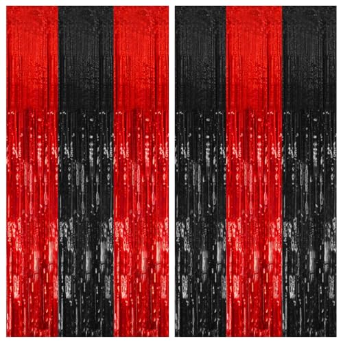 2 Pack Black and Red Party Backdrop Streamers Decorations Foil Fringe Curtains Metallic Tinsel Backdrop for Birthday Halloween Christmas New Year Fancy Ball Graduation Party Decor - color: Black Red, size: 2 Pcs