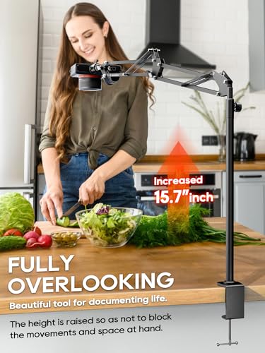 CACENCAN Overhead Camera Mount, 5lb Horizontal Load-Bearing, 360° Adjustable Stand for Desk, Flexible Arm Desk Mount, with Phone Clamp, Tabletop Mount for DSLR Camera/Webcam/Microphone（White - color: White