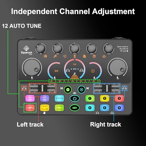 Podcast Equipment Bundle, Mixer with 48V XLR Condenser Microphone, TF card,5RGB,Surround Sound,Suitable for Streaming/TikTok/YouTube, Compatible with Mobile Phones, PC,Camera RS2 - style: Audio interface+ 1 condenser mic