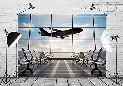 15x8ft Fabric Airport Backdrop Lounge with Plane Pilot Jet Birthday Party Video Recording Zoom Meeting Conference Baby Shower Photoshoot Business Studio Decoration Photography Props - size: 15x8FT