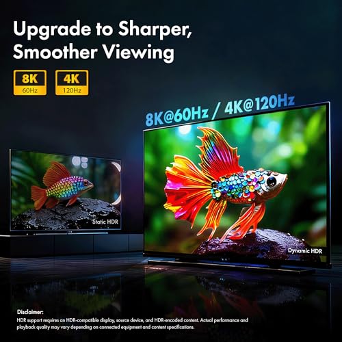 LED HDMI Wozoyo Cable V2.1 with Ethernet, 8k@60Hz, 4K@120Hz UHD Resolution, 16.5 Feet, 48 Gbps transfer Ultra high Speed, HDR/HDR10/Dolby Vision,Dolby Atmos and DTS:X, Compatible with all HDMI Devices - color: Black, size: 16.5 Feet