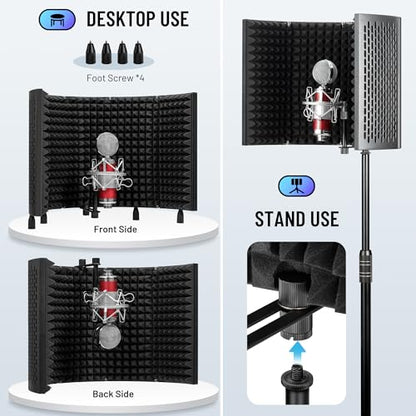 CAHAYA Microphone Isolation Shield Foldable - Mic Shield Recording Studio Sound Absorbing Foam Reflector with 3/8" and 5/8" Mic Adapter Microphone Recording Equipment Black