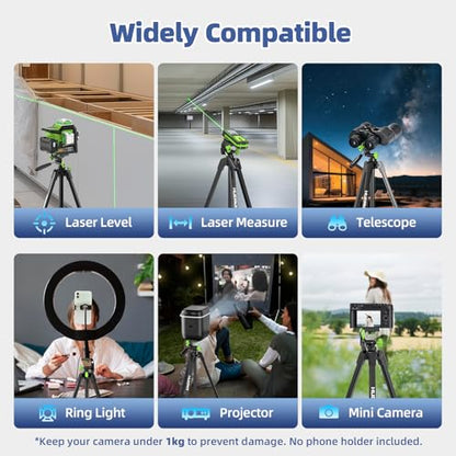 Huepar 60-Inch Lightweight Tripod Portable Adjustable Tripod for Laser Level with 3-Way Swivel Pan Head, 2 Bubble Levels, 1/4" and 5/8" Thread Mount for Varieties Tools, Only for Indoor Basic Work - size: 60-Inch