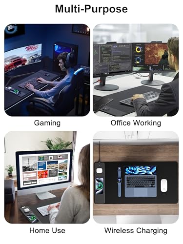 TopMade Wireless Charging Mouse Pad, Gaming Mousepad Home Office Large Desk Pad with Ultra-Smooth Surface, Non-Slip Base, Waterproof Keyboard Mat (Includes 20W PD Power Adapter & 6.56ft Woven Cable) - color: Black-31.5"x15.8"-with Adapter