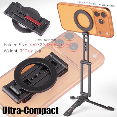 SHINEWEE Ultra-Compact Magnetic Tripod Stand: Aluminum Phone Mount for iPhone 17/16/15/14/13/12 Pro Max, Adjustable Cellphone Holder with 1/4” Screw & Travel Hook (Grey)