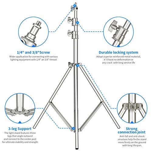 NEEWER 118"/3m Stainless Steel Light Stand, Spring Cushioned Heavy Duty Photography Tripod with 1/4" to 3/8" Universal Screw Adapter for Strobe, LED Video Light, Ringlight, Monolight, Softbox - style: ST-300SS